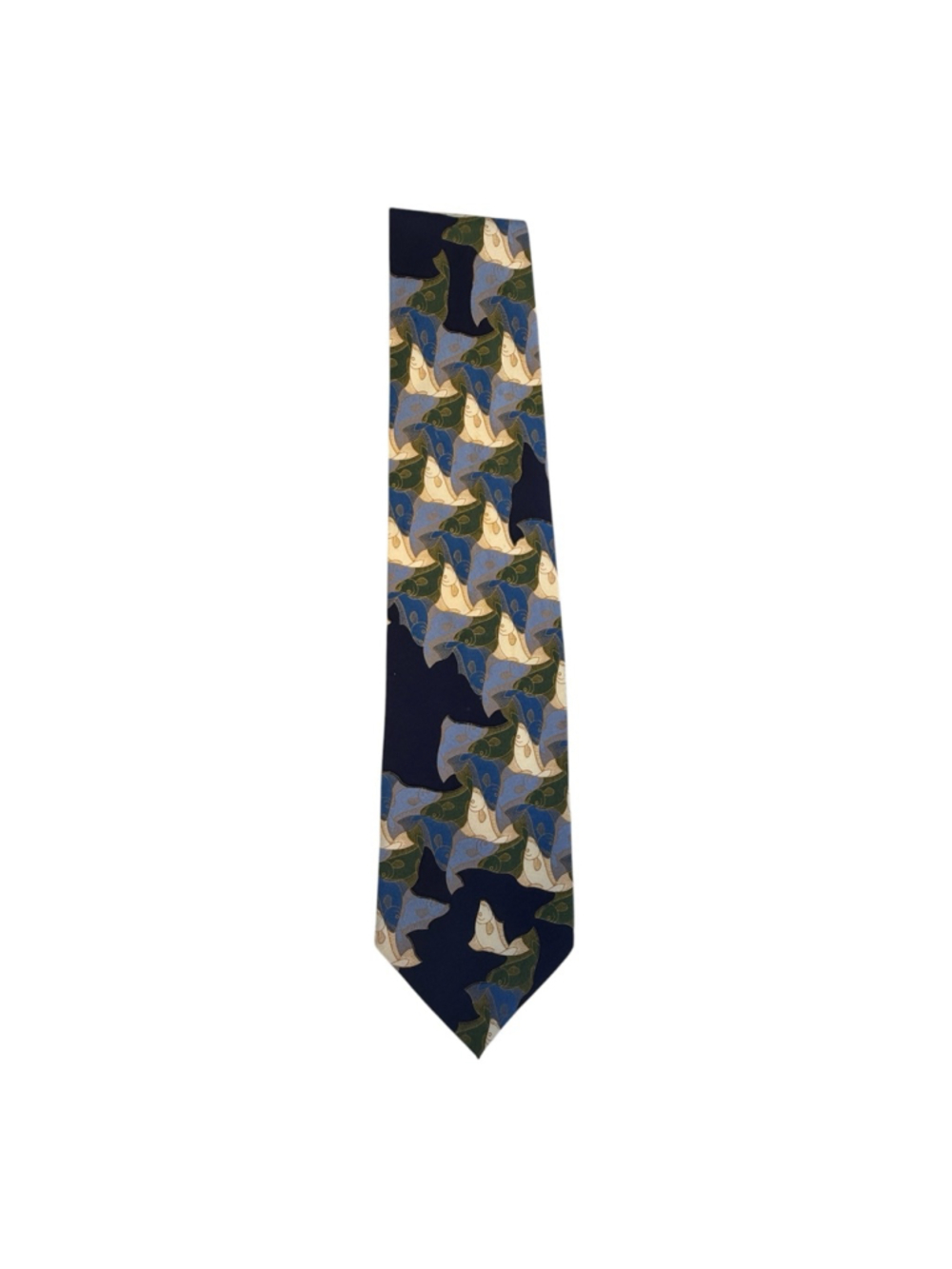 M.C. Escher Fish Woodcut 1941 Silk Necktie Made in Italy Art Tie Navy Blue Fish